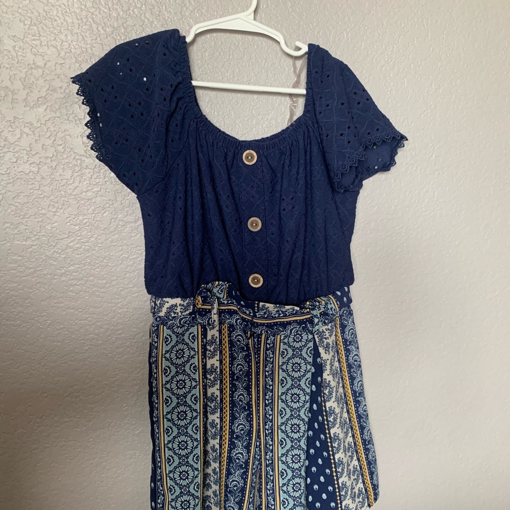 Navy Blue Eyelet Top with Patterned Skirt
